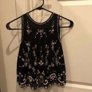 Vintage style black top with stones and pearls